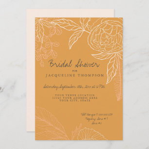 Invitation Pecil Line Art Harvest Gold Floral Peony Leaf