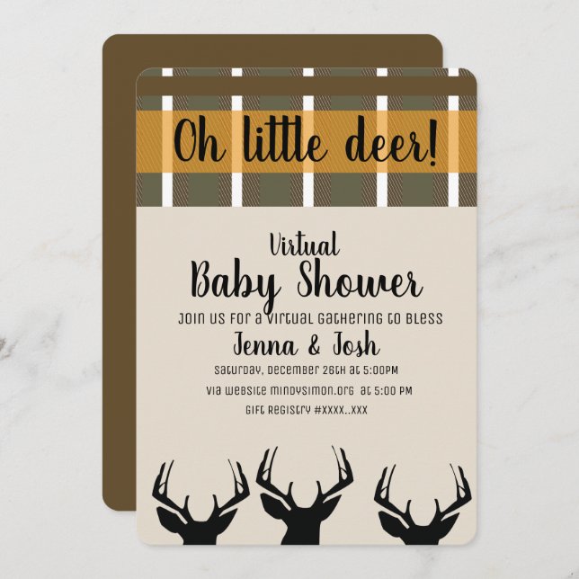 Invitation Peeing Deer Antlers Plaid Baby shower virtuel (Devant / Derrière)