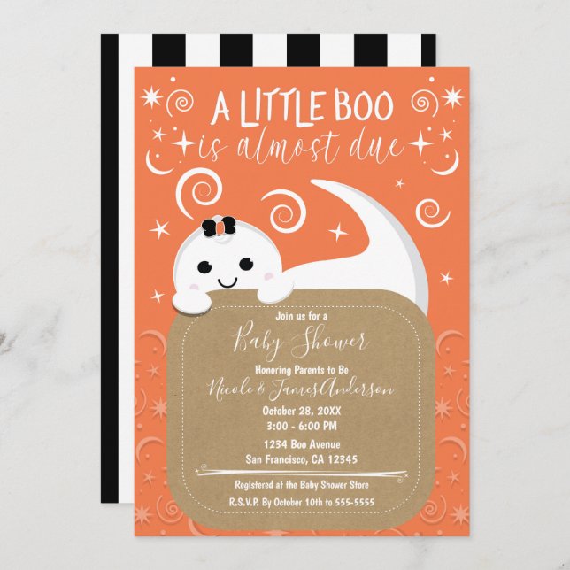 Invitation Peeking Girl Ghost Orange Halloween Baby shower (Devant / Derrière)