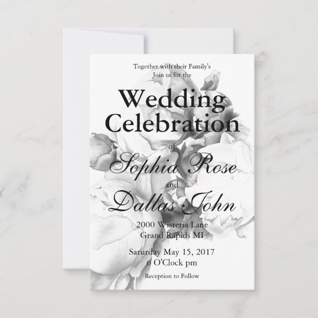 Invitation Peine blanche noire élégante aquarelle florale art (Devant)