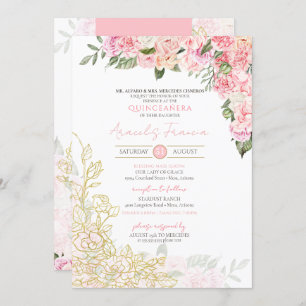 Invitation Peine rose et or Floral Quinceanera province Anos