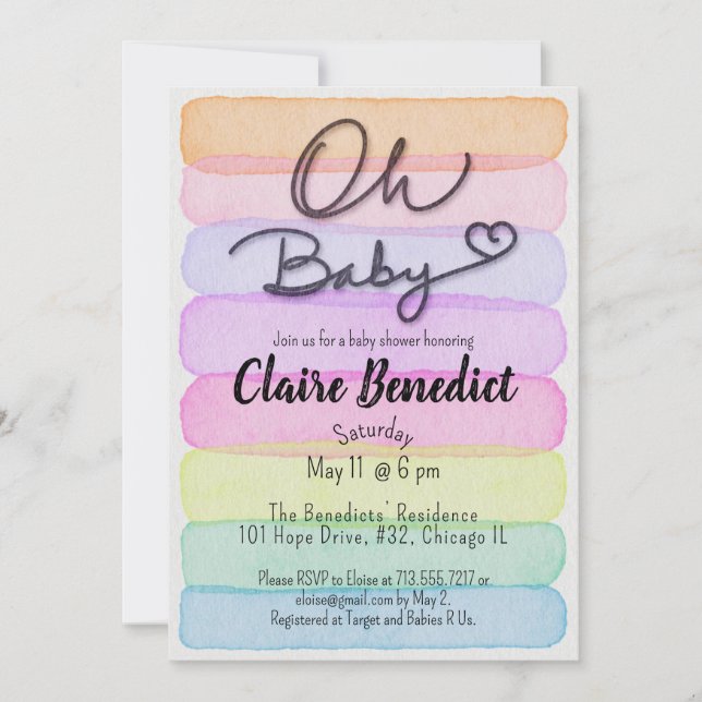 Invitation Peint à la main, aquarelle, baby shower unique (Devant)