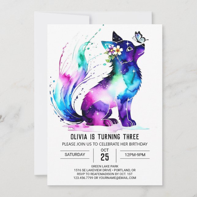 Invitation Peint Pastel Wolf Digital Girl Anniversaire (Devant)