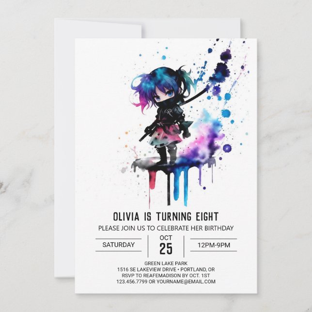 Invitation Peint Simple Ninja Digital Girl Anniversaire (Devant)