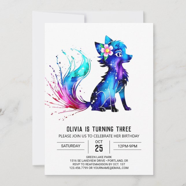 Invitation Peint Violet Wolf Digital Girl Anniversaire (Devant)