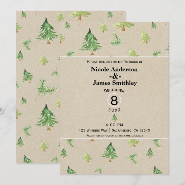 Invitation Peinture à l'aquarelle Pins Kraft Mariage rustique (Devant / Derrière)