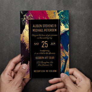 Invitation Peinture abstraite moderne or noir rouge mariage