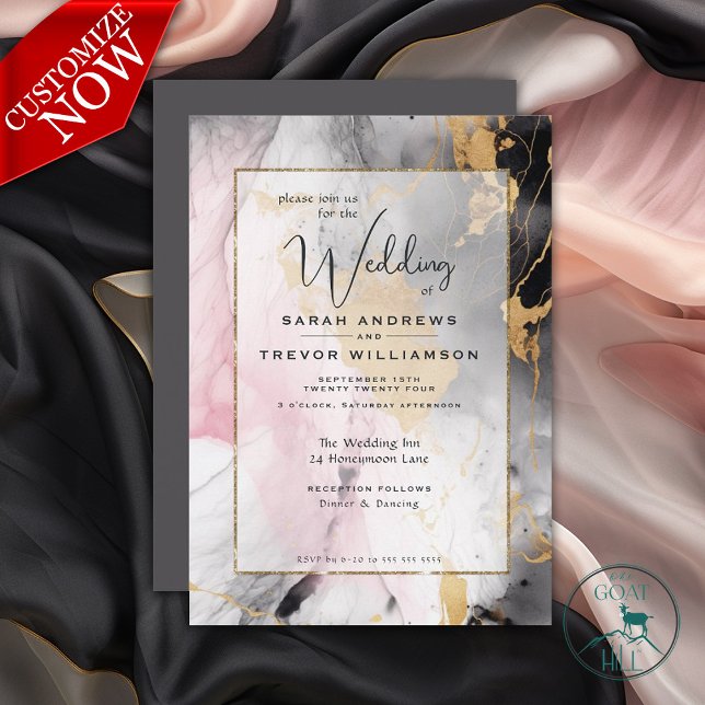 Invitation Peinture Abstraite Noir Or Rose Rose (Easy to Personalize Template)