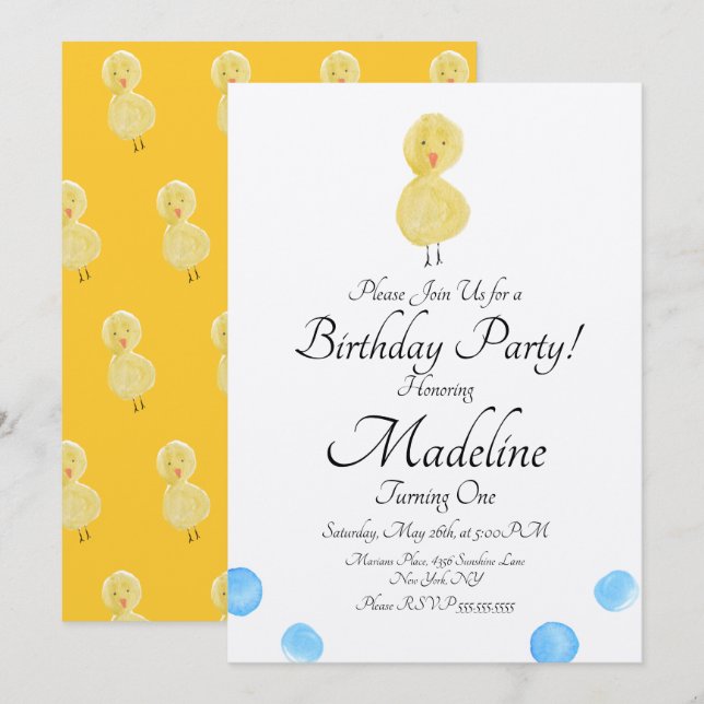 Invitation Peinture aquarelle de canard Première fête d'anniv (Devant / Derrière)