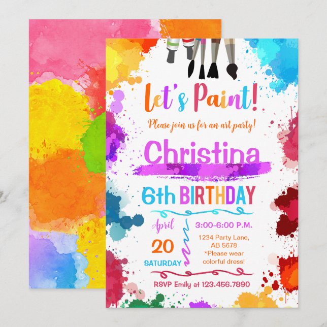 Invitation Peinture Art Anniversaire fête Blanc (Devant / Derrière)