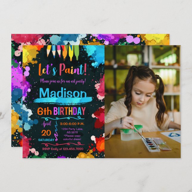 Invitation Peinture Art Anniversaire Fête Photo Noire (Devant / Derrière)