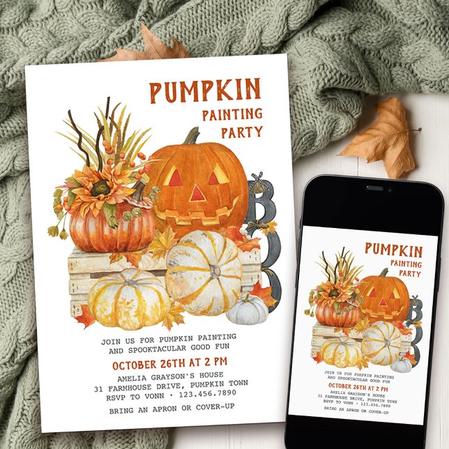 Invitation Peinture citrouille Farmhouse rustique Fête d'Hall (Pumpkin Painting Party with halloween carved pumpkin )