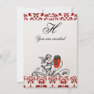 INVITATION PEINTURE D'ANGE D'UN MONOGRAMME EN DAMAS DE FLEUR 