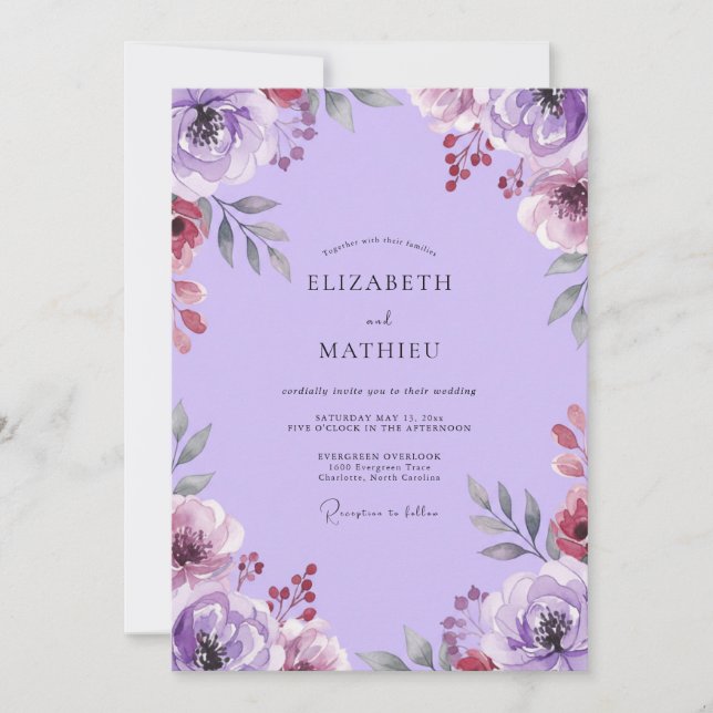 Invitation Peinture de mariage aux tons de lilas et prune (Devant)