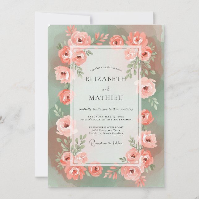Invitation Peinture de mariage corail et écume de mer (Devant)