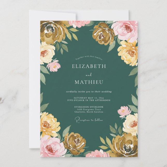 Invitation Peinture de mariage tons jaune moutarde et rose (Devant)