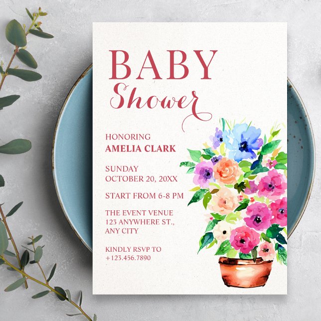 Invitation Peinture de pot floral baby shower (Créateur téléchargé)