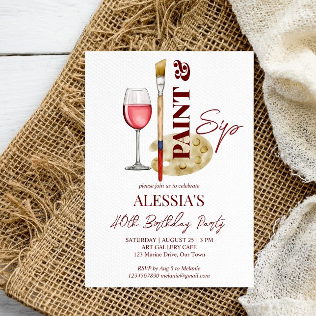 Invitation Peinture et sip vin et art modèle de fête à thème (Paint and sip wine and art themed party invitation editable template art painting birthday invite)