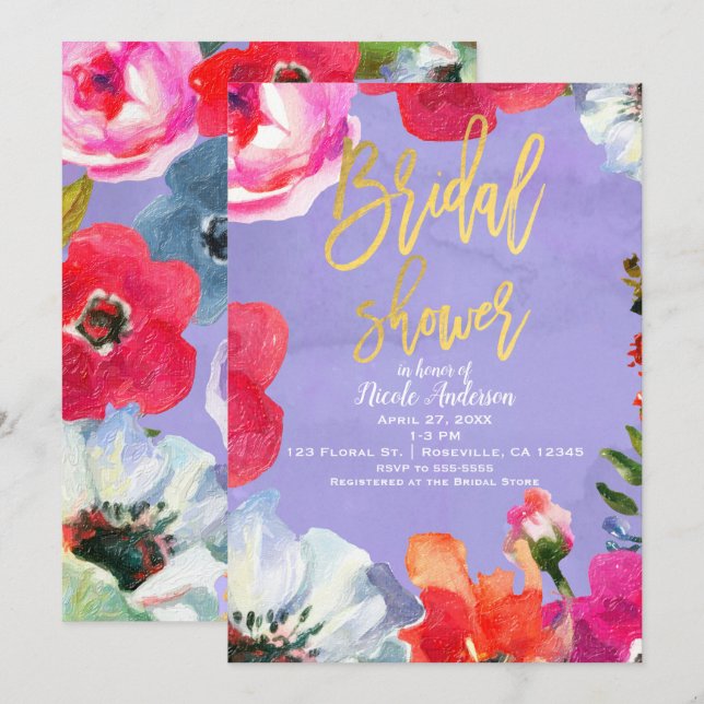 Invitation Peinture Florale Bold Violet Pop Or Fête de Mariag (Devant / Derrière)