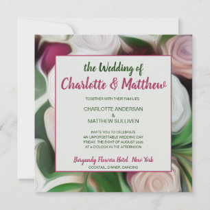 Invitation Peinture florale rose vert boho burgundy moderne e