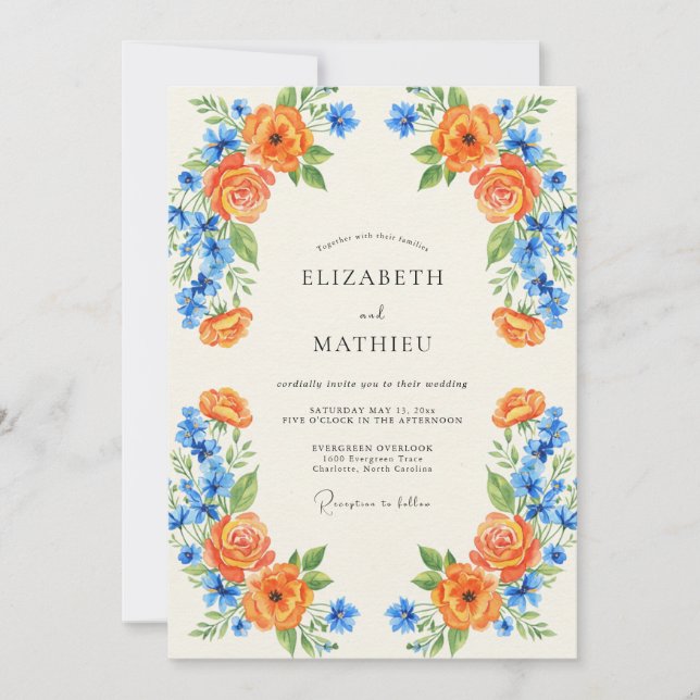 Invitation Peinture Mariage Cobalt Mandarine (Devant)