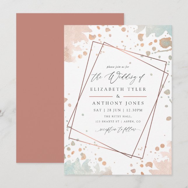 Invitation Peinture Rose Gold et Blush Pink Mariage Géométriq (Devant / Derrière)