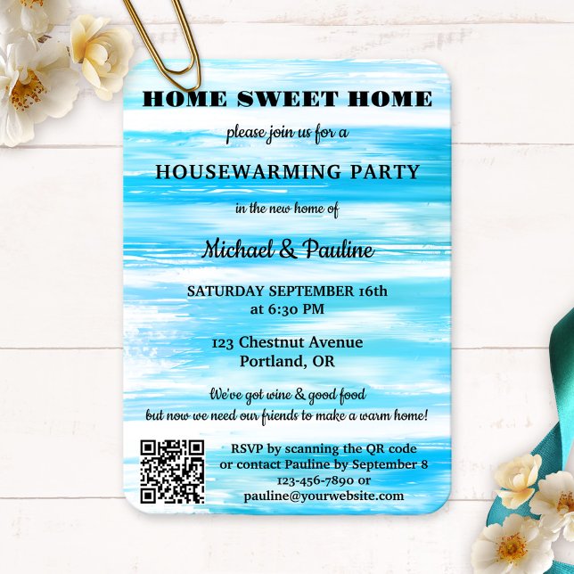 Invitation Peinture Turquoise bleu néon QR Réchauffement dome (Housewarming party invitation featuring a grunge turquoise blue painted design with QR code template)