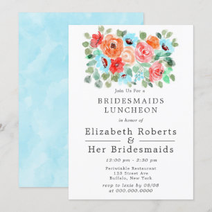 Invitation Peinture Turquoise Corail Fleurs Luncheon Demoisel
