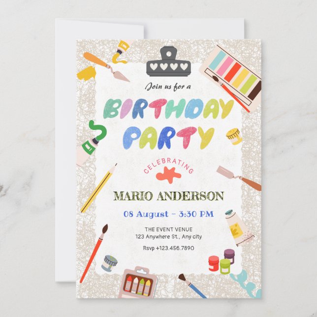Invitation Peintures colorées outils anniversaire (Devant)