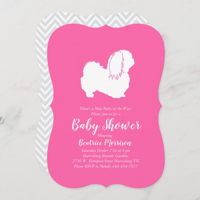 Invitation Pekingese Chien Baby shower fille rose (Devant / Derrière)