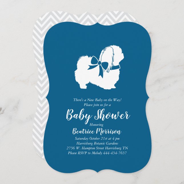 Invitation Pekingese Chien Baby shower Garçon bleu (Devant / Derrière)