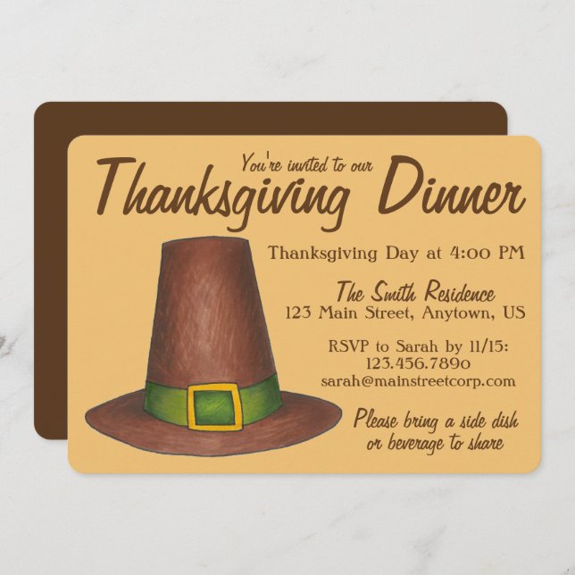 Invitation Pèlerin Brown Casquette Thanksgiving Dîner (Devant / Derrière)