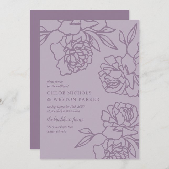 Invitation Penciled Peonies Mariage de la Lavande moderne (Devant / Derrière)
