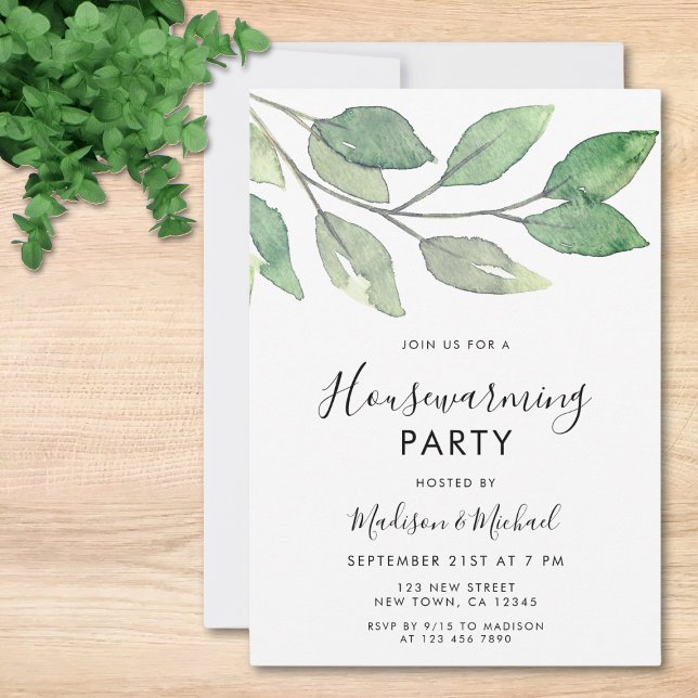 Invitation Pendaison de crémaillère à l'aquarelle verte  (Créateur téléchargé)