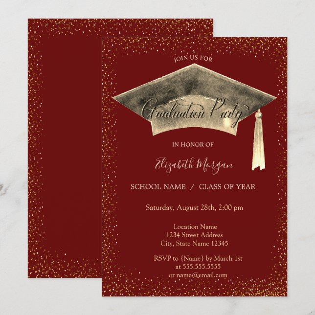 Invitation Pendentif de chapeau de graduation en or rouge de  (Devant / Derrière)