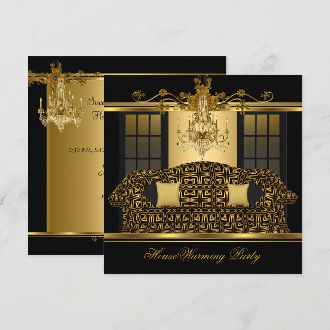 Invitation Pendentif de fête de crémaillère Orné Or Noir (Devant / Derrière)