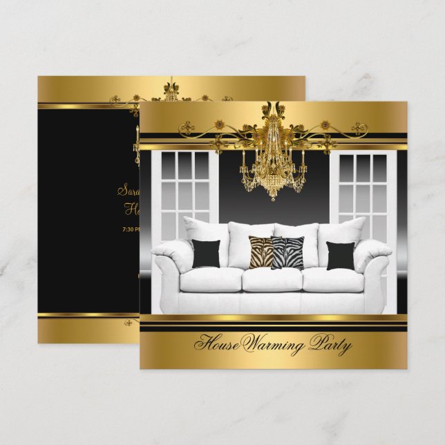 Invitation Pendentif de fête de crémaillère riche or noir (Devant / Derrière)