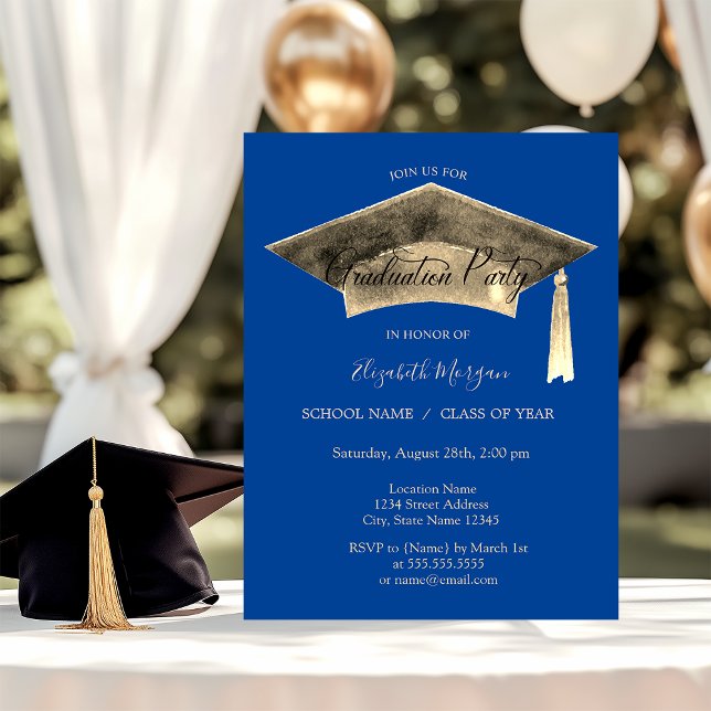 Invitation Pendentif de toque de graduation doré Bleu graduat (Créateur téléchargé)