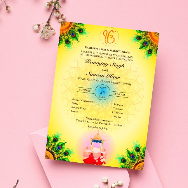 Invitation Pendjabi Sikh Mariage Anand Karaj Peacock (Créateur téléchargé)