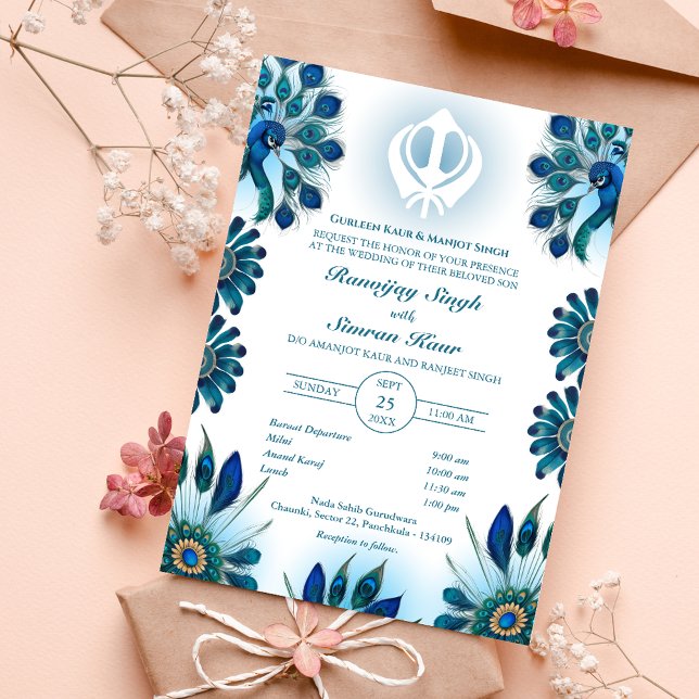 Invitation Pendjabi Sikh Mariage Anand Karaj Peacock (Créateur téléchargé)