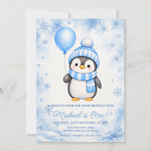 Invitation Pengouin Anniversaire 1 an Flocon de Neige Bleu Hi