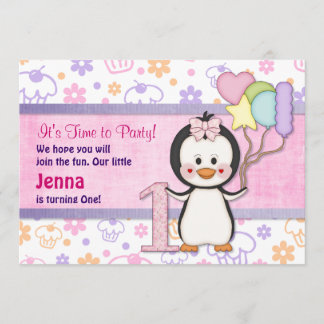 Invitation Penguin Cutie - Première Fille Anniversaire