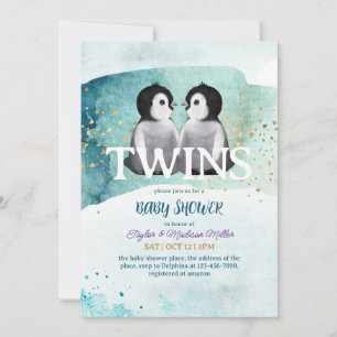 Invitation Penguin Twin hiver thème bébé garçon douche