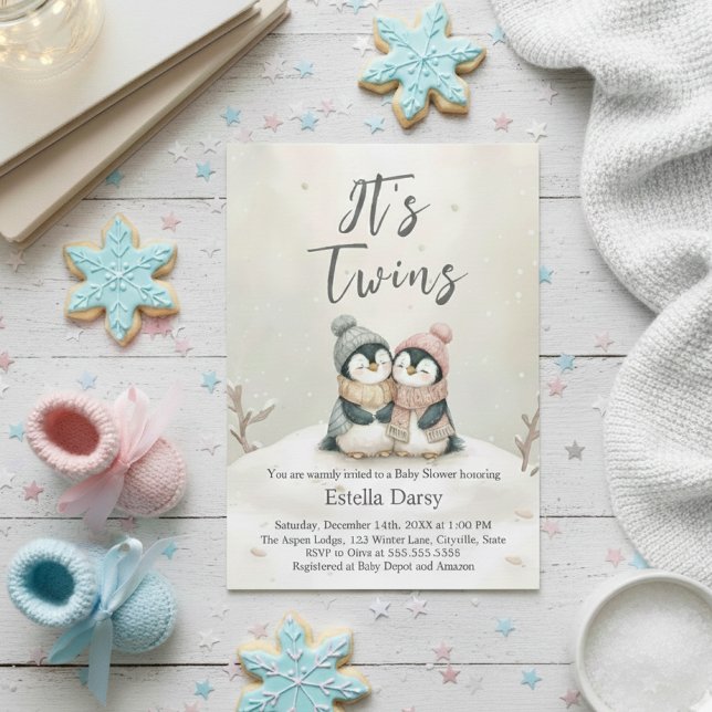 Invitation Penguin Twins winter Baby Shower Boy Girl Neutral (Créateur téléchargé)