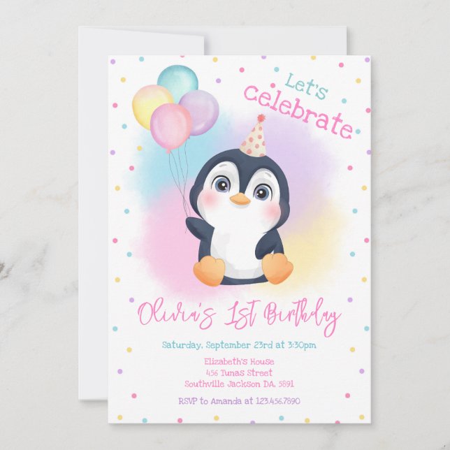 Invitation Penguin Winter Party Birthday (Devant)