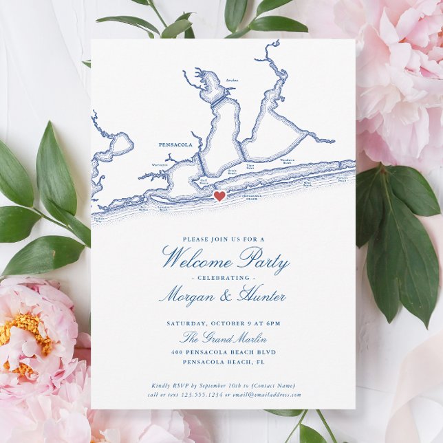 Invitation Pensacola Beach FL Fête de bienvenue élégante de m (Pensacola Beach Wedding Welcome Party Invitations with elegant navy blue map by Coastal Map Designs)
