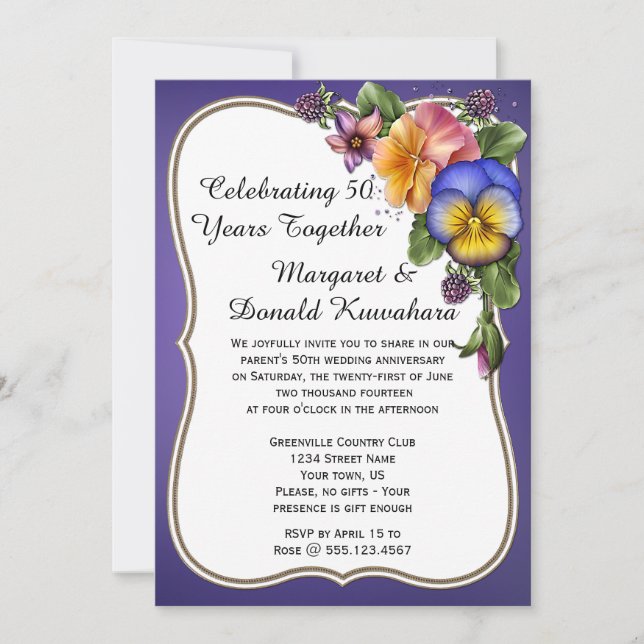 Invitation Pensées et cadre doré sur fond violet 50e annivers (Devant)