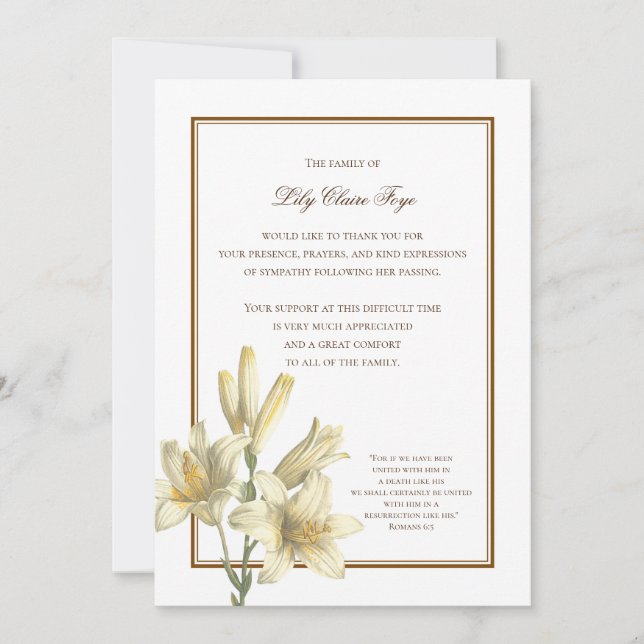 Invitation Pensez au fait que Lilies Bereavement Merci Note (Devant)