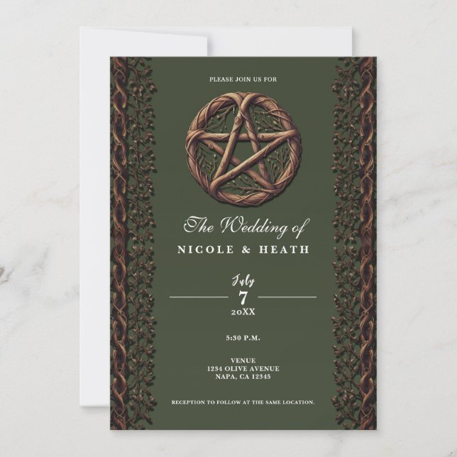 Invitation Pentacle de brindille de bois vert olive mariage w (Devant)