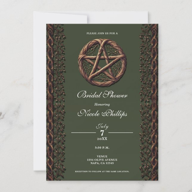 Invitation Pentacle de brindille de bois vert olive Mariage W (Devant)